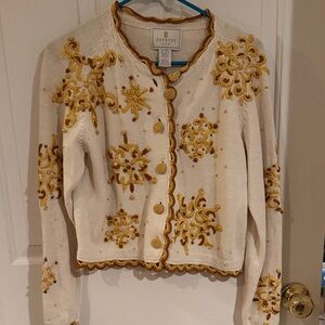 Women’s Vintage Express Cream and Gold Embroidered Cardigan Size Small